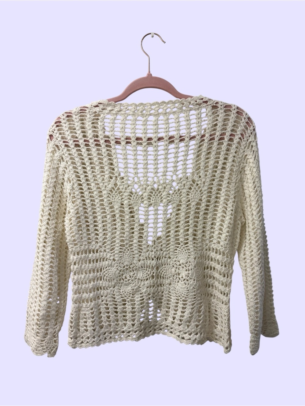 Vintage Hand Crocheted Ivory Open Knit Cardigan Sweater Dress - Picture 2 of 4